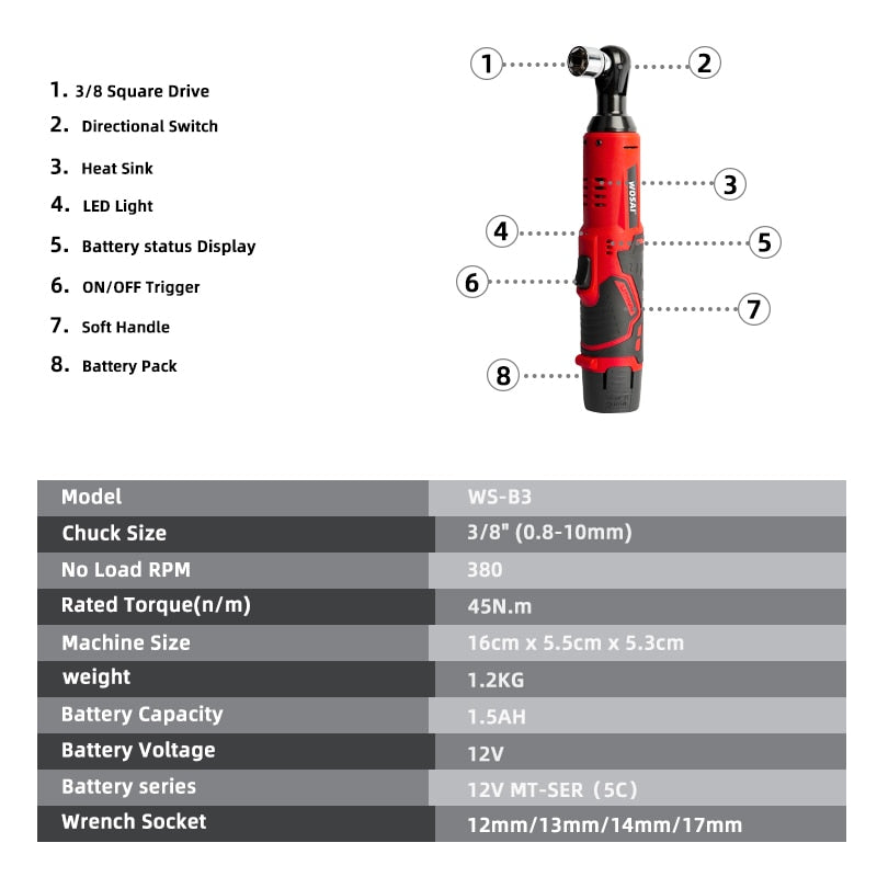 ZANDA-Cordless Electric Wrench 12V 3/8 Ratchet Wrench Set Angle Drill Screwdriver Removal Screw Nut Auto Repair Tool