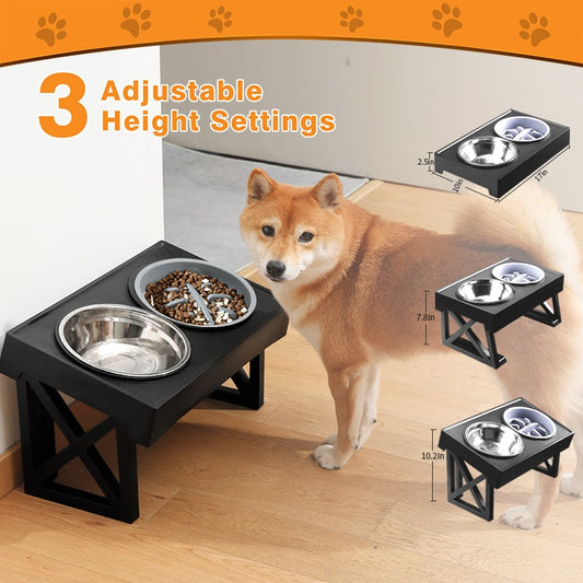 ZANDA-Elevated Dog Bowls 3 Adjustable Heights Raised Dog Food Water Bowl with Slow Feeder Bowl Standing Dog Bowl for Medium Large Dogs