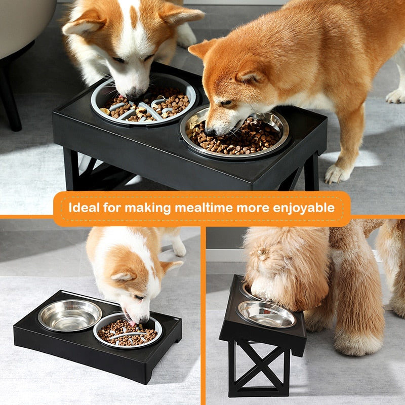 ZANDA-Elevated Dog Bowls 3 Adjustable Heights Raised Dog Food Water Bowl with Slow Feeder Bowl Standing Dog Bowl for Medium Large Dogs